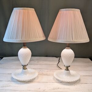 Pair of Vintage Leviton Hobnail Milk Glass Lamps - Mid Century Modern, Boudoir